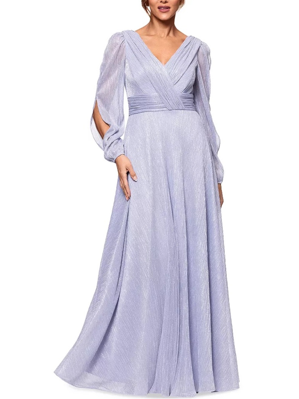 NWT Betsy & Adam Long Sleeve Metallic Lilac V- neck Gown Size 4